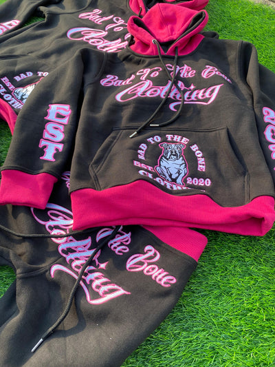 Toddler/Kids/Youth O.G 'BTTB Clothing N.E.J.R' Fully Embroided Pull-Over Hooded Black & Pink Tracksuit.