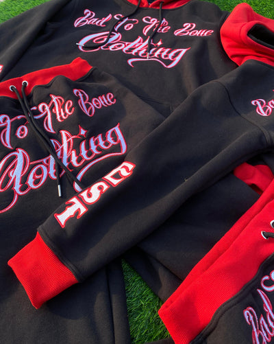 Toddler/Kids/Youth O.G 'BTTB Clothing N.E.J.R' Fully Embroided Pull-Over Hooded Black & Red Tracksuit.