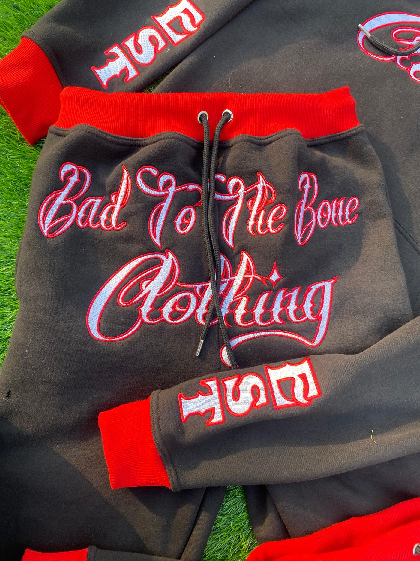 Toddler/Kids/Youth O.G 'BTTB Clothing N.E.J.R' Fully Embroided Pull-Over Hooded Black & Red Tracksuit.