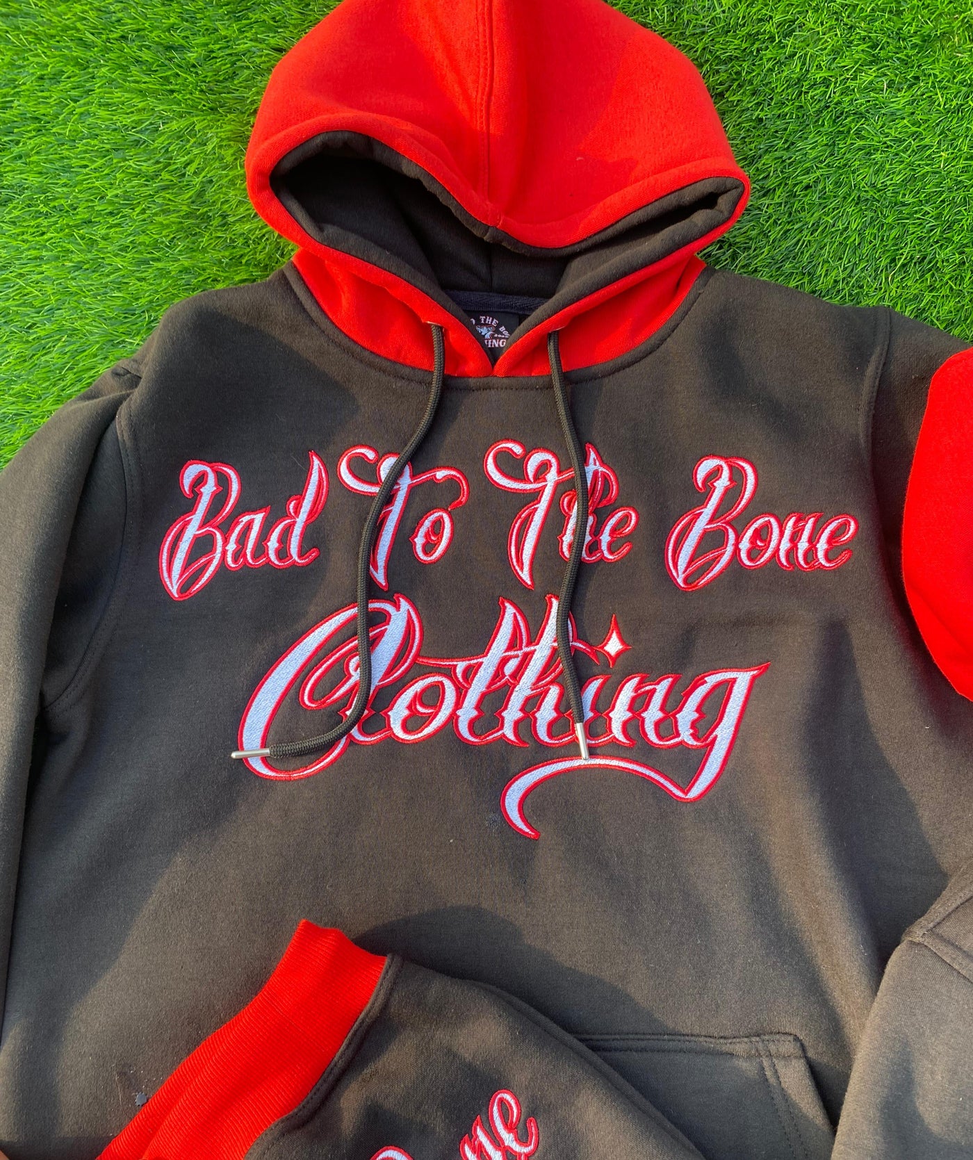 Toddler/Kids/Youth O.G 'BTTB Clothing N.E.J.R' Fully Embroided Pull-Over Hooded Black & Red Tracksuit.